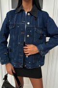 Yaka Siyah Garni Pul Payet Taşlı Oversize Denim Ceket 6125 resmi